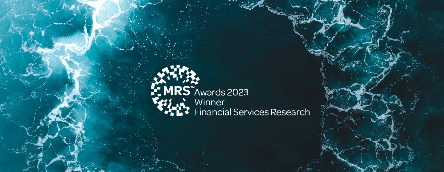 ocean overlaid with the winners badge for firefish at the market research society awards 2023 in the financial services catgeory