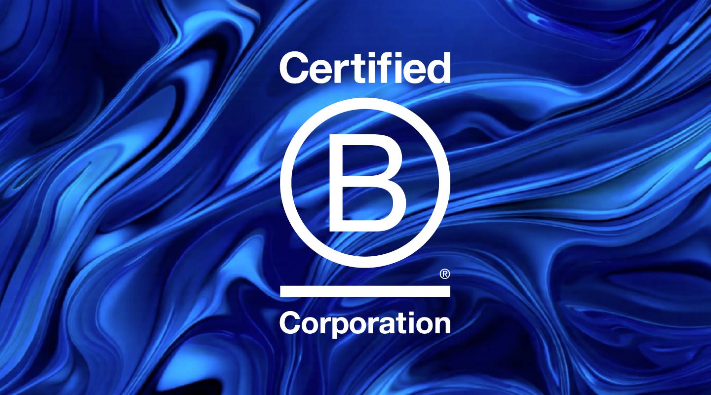 firefish's b corp certification logo on a swirled blue background