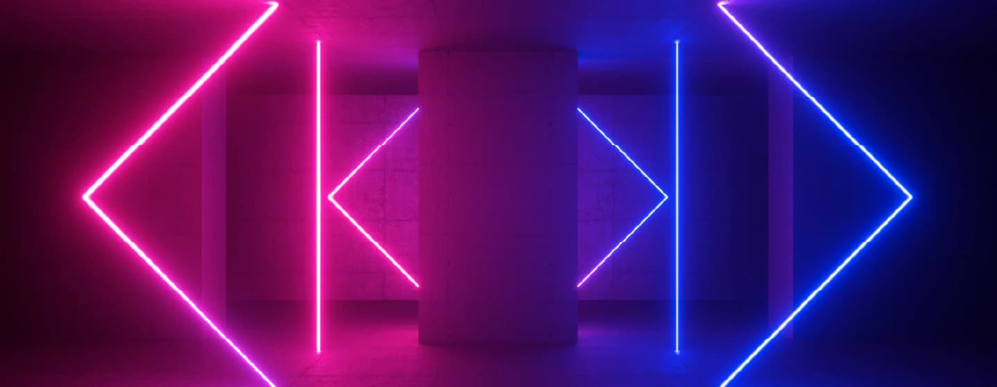 neon art pointing forwards and backwards to represent innovation