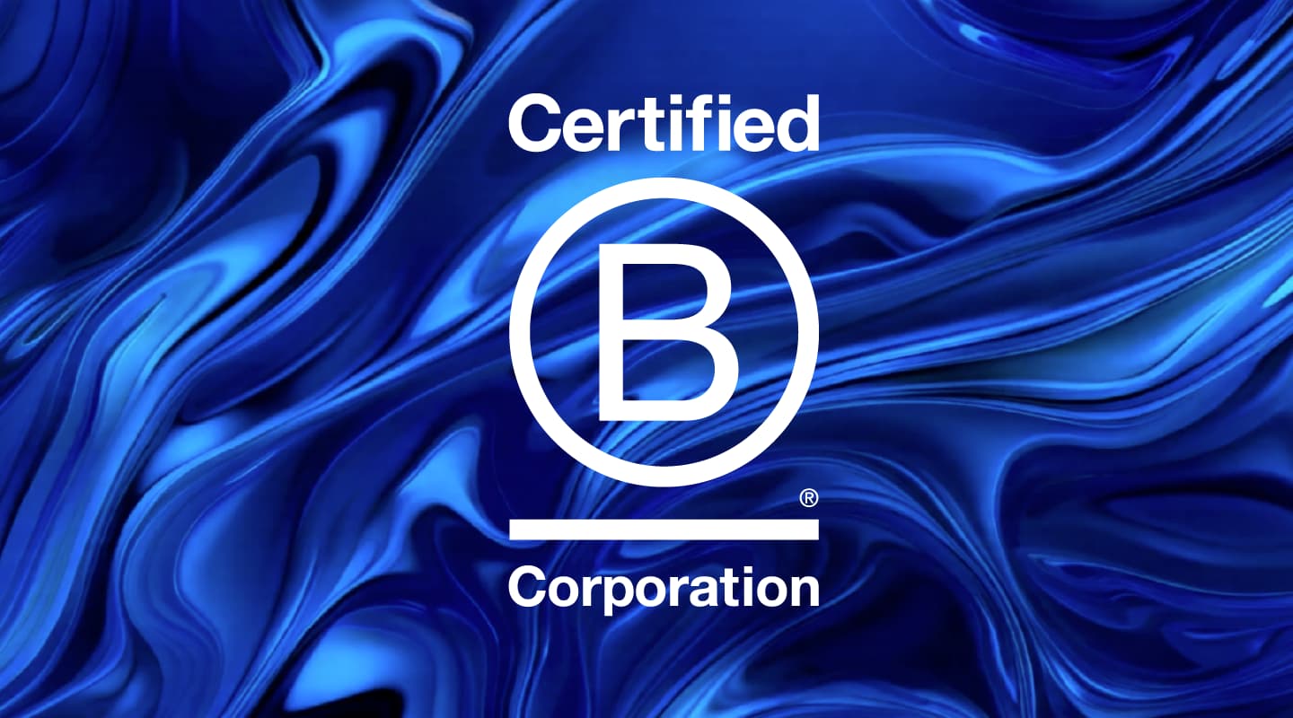 firefish's b corp certification logo on a swirled blue background