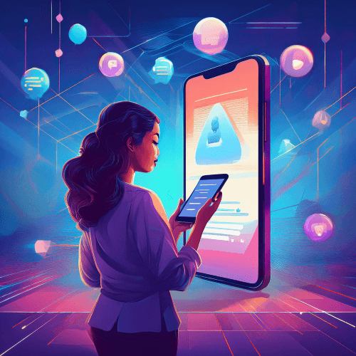 a woman uploading something to a chatbot conversation, in low polygon style, representing firefish qualifyai ability to probe on uploaded image submissions from people, using ai image analysis