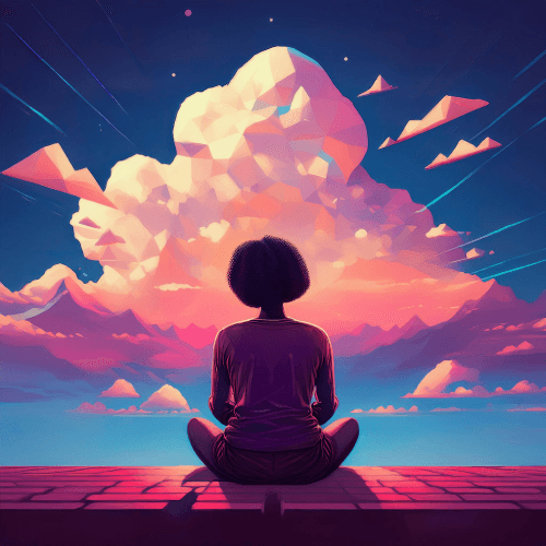 a low polygon design of a woman staring out to clouds, representing qualifyai's projective technique capabilities