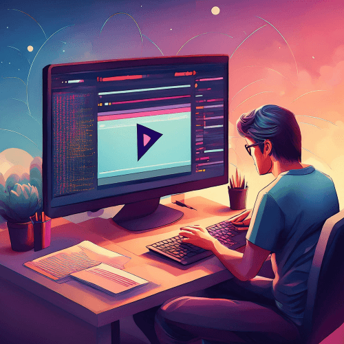 a man editing a video at a computer, in a low polygon style